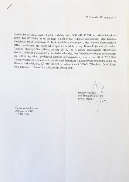 Omluva Jaroslava Včeláka